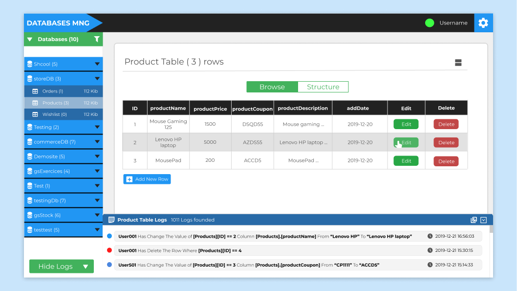 MySQL Database Manager web application snapshot